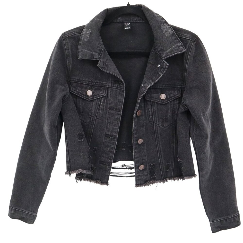 Windsor Edge Crop Denim Jacket Women S Black Retro Bad Girl Biker Boho Grunge